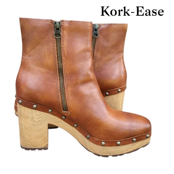 Kork Ease Deegan Brown Leather Platform Stud High Wood Heel Ankle Boot Women 8 - Picture 4 of 12